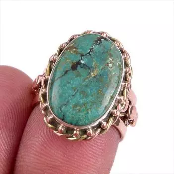 Natural Tibetan Turquoise Gemstone Two Tone 925 Sterling Silver Ring Size 6 p1i15