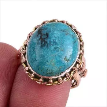 Natural Tibetan Turquoise Gemstone Two Tone 925 Sterling Silver Ring S.7.5 O6T48