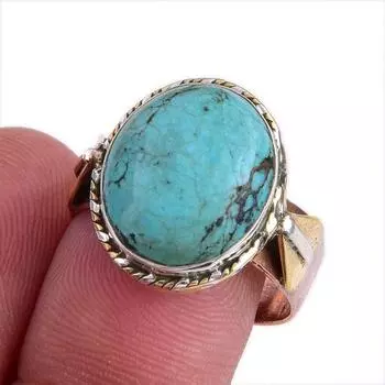 Natural Tibetan Turquoise Gemstone Two Tone 925 Sterling Silver Ring Size 9 w7Y11