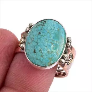 Natural Tibetan Turquoise Gemstone Two Tone 925 Sterling Silver Ring Size 9 m4b21