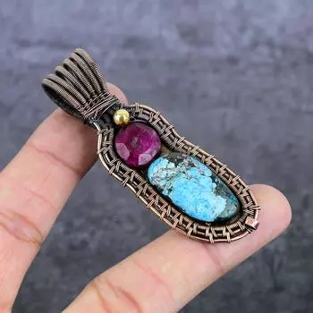 Подвеска из натуральной тибетской бирюзы, нефрита и медной проволоки 2,96 дюйма O5f34