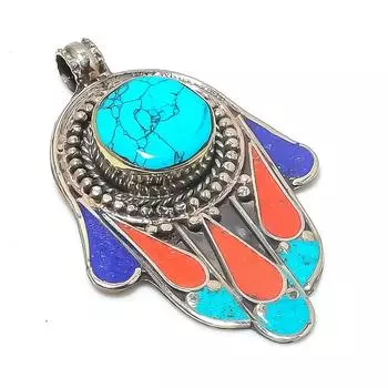 Natural Tibetan Turquoise, Lapis 925 Sterling Silver Jewelry Pendant 2.76 m7Q77
