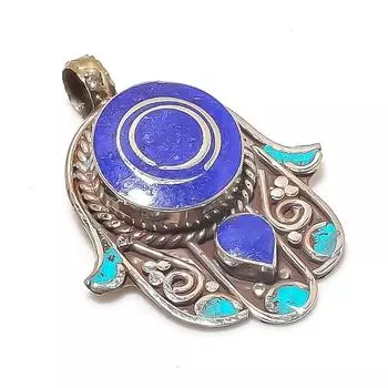 Подвеска из натурального тибетского бирюзового, лазурита, стерлингового серебра 925 пробы, 2,01 дюйма, U0G00