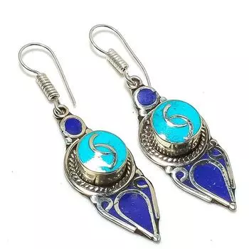 Natural Tibetan Turquoise, Lapis Gemstone Handmade Jewelry Earring 2.40 y7t12
