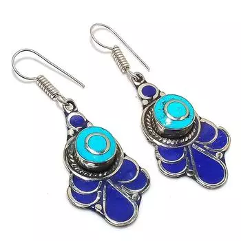Natural Tibetan Turquoise, Lapis Gemstone Handmade Jewelry Earring 2.32 E0u10