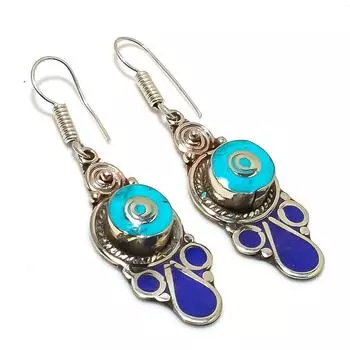 Natural Tibetan Turquoise, Lapis Gemstone Handmade Jewelry Earring 2.36 n0T09