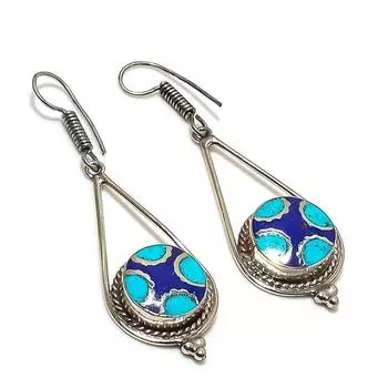 Natural Tibetan Turquoise, Lapis Gemstone Handmade Jewelry Earring 2.36 Y0w98