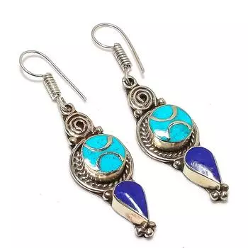 Natural Tibetan Turquoise, Lapis Gemstone Handmade Jewelry Earring 2.36 Y8R95