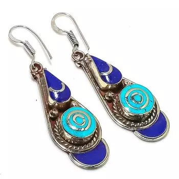 Natural Tibetan Turquoise, Lapis Gemstone Handmade Jewelry Earring 2.17 d4M59