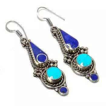 Natural Tibetan Turquoise, Lapis Gemstone Handmade Jewelry Earring 2.36 Z7s75