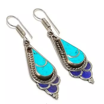 Natural Tibetan Turquoise, Lapis Gemstone Handmade Jewelry Earring 2.40 b3E26
