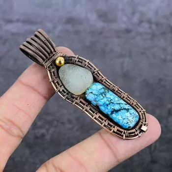 Natural Tibetan Turquoise, Moonstone Copper Wire Wrap Jewelry Pendant 3.03 V1N05