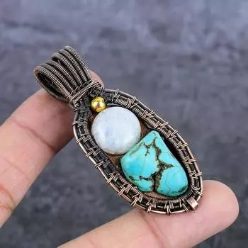 Natural Tibetan Turquoise, Moonstone Copper Wire Wrap Jewelry Pendant 2.60 S7M61