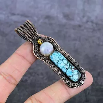 Natural Tibetan Turquoise, Moonstone Copper Wire Wrap Jewelry Pendant 3.15 N9l95