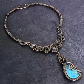 Natural Tibetan Turquoise, Moonstone Copper Wire Wrap Jewelry Necklace 18 F3p67