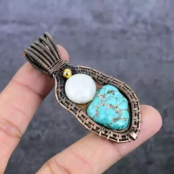 Natural Tibetan Turquoise, Moonstone Copper Wire Wrap Jewelry Pendant 2.80 Q0V29