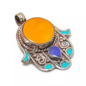 Natural Tibetan Turquoise, Onyx 925 Sterling Silver Jewelry Pendant 1.97 A9Y49