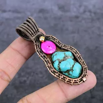 Natural Tibetan Turquoise, Shell Copper Wire Wrap Jewelry Pendant 2.84 i2C93
