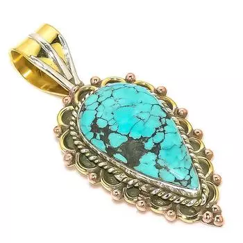 Natural Tibetan Turquoise Two Tone 925 Solid Sterling Silver Pendant 1.50 Q3v77