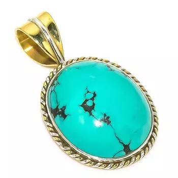 Natural Tibetan Turquoise Two Tone 925 Solid Sterling Silver Pendant 1.25 n7O17