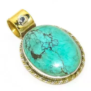Natural Tibetan Turquoise Two Tone 925 Solid Sterling Silver Pendant 1.25 U0M26