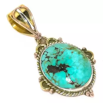 Natural Tibetan Turquoise Two Tone 925 Solid Sterling Silver Pendant 1.75 s1s43