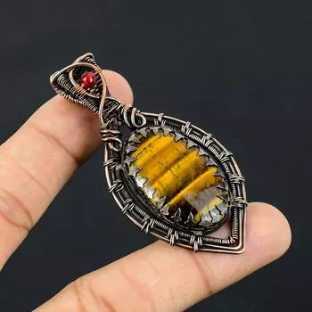 Подвеска из натурального тигрового глаза и граната, медная проволока, ручная работа, 2,76 дюйма, K9b60