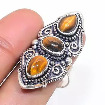 Natural Tiger Eye Gemstone 925 Sterling Silver Jewelry Ring Size 8.5 s7l25