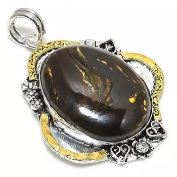 Natural Tiger Eye Gemstone 925 Sterling Silver Two Tone Pendant 2.36 S3p75