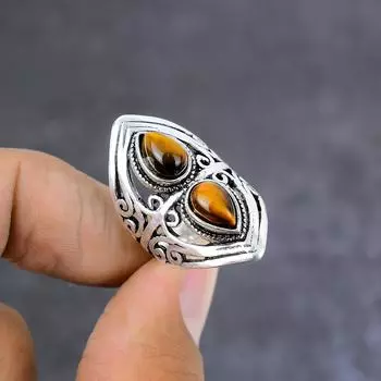 Natural Tiger Eye Gemstone Handmade 925 Sterling Silver Jewelry Ring Size 8 i9L77