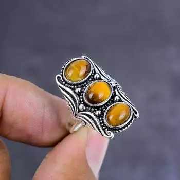 Natural Tiger Eye Gemstone Handmade 925 Sterling Silver Jewelry Ring Size 7 W0T61
