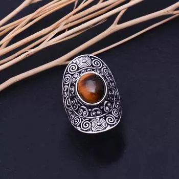 Natural Tiger Eye Gemstone Handmade 925 Sterling Silver Ring Size 9 H7C51