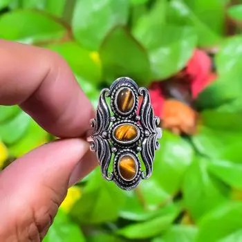 Natural Tiger Eye Gemstone Handmade 925 Sterling Silver Ring Size 8.5 y5d76