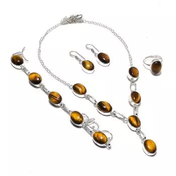 Natural Tiger Eye Gemstone Handmade 925 Sterling Silver Jewelry Set n0F31