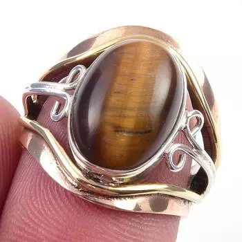 Natural Tiger Eye Gemstone Handmade 925 Sterling Silver Two Tone Ring S.5 R1f12