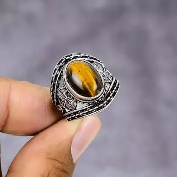 Кольцо из серебра 925 пробы с натуральным тигровым глазом, размер 8,5 P4t57