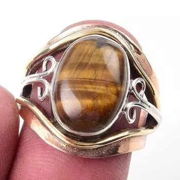 Natural Tiger Eye Gemstone Handmade 925 Sterling Silver Two Tone Ring S.6.5 I7a37