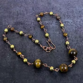 Ожерелье из натурального тигрового глаза ручной работы из медной проволоки 18 дюймов z1o83