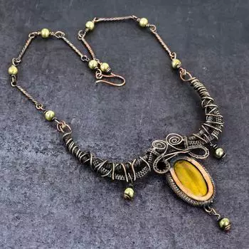 Ожерелье из натурального тигрового глаза ручной работы из медной проволоки 18 дюймов s9R09