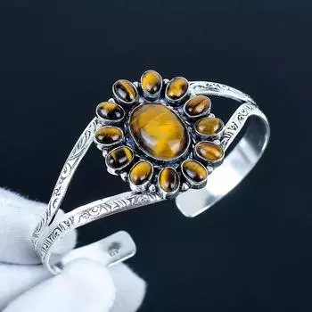 Natural Tiger Eye Gemstone Handmade Cuff Bangle 925 Sterling Silver Cuff Bangle, Tiger Eye Flower Shape Bracelet For Wife, Unisex Bangle For Gift 7 коричневый
