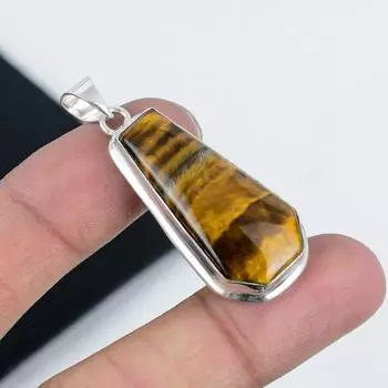 Natural Tiger Eye Gemstone Pendant 925 Sterling Silver- Handmade Coffin Design, Everyday Wear Jewelry, Unique Tiger Eye Pendant Party Wear Gifts 2.36 коричневый