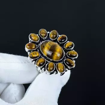 Natural Tiger Eye Gemstone Ring, 925 Sterling Silver Ring, Gift For Her, Oval Stone ,Elegant Handmade Ring, Tiger Eye Flower Silver Ring For Gift US 4 коричневый