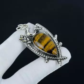 Natural Tiger Eye Gemstone Silver Pendant in 925 Sterling Silver - Handmade Design, Everyday Wear Jewelry, Unique Pendant Party Wear Gift 2.55 коричневый