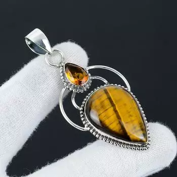 Natural Tiger Eye Gemstone Silver Pendant in 925 Sterling Silver- Handmade Design, Everyday Wear Jewelry, Unique Honey Topaz Pendant Mother s Day Gift 2.55 коричневый