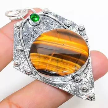Natural Tiger Eye, Peridot Gemstone 925 Sterling Silver Pendant 2.88 V8Z84