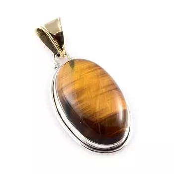 Natural Tiger s Eye Gemstone 925 Sterling Silver Two Tone Pendant 1.9 e0F25