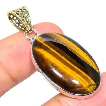 Natural Tiger s Eye Gemstone 925 Sterling Silver Two Tone Pendant 1.89 E0R26