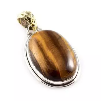 Natural Tiger s Eye Gemstone 925 Sterling Silver Two Tone Pendant 1.5 H7H59