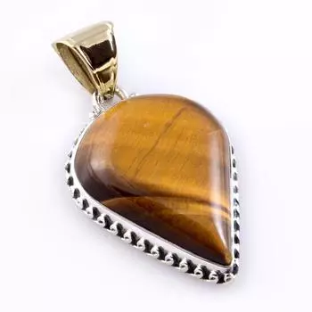 Natural Tiger s Eye Gemstone 925 Sterling Silver Two Tone Pendant 1.9 Y9i68