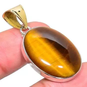 Natural Tiger s Eye Gemstone 925 Sterling Silver Two Tone Pendant 1.65 E7P17